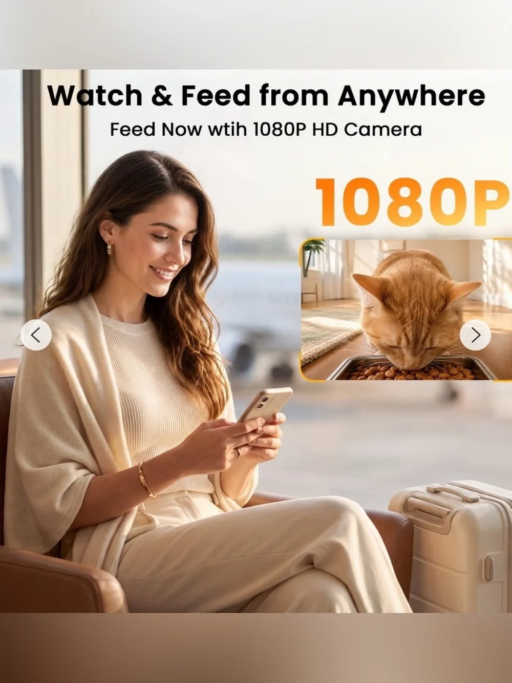 Automatic Cat Feeder with Clear Smoke Gray Hopper and White Base - Camera w/ mic